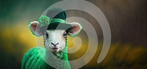 Funny sheep wearing a hat decorated with a shamrock on blurred background. Animal celebrating Saint Patrick day. Generative AI