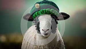 Funny sheep wearing a hat decorated with a shamrock on blurred background. Animal celebrating Saint Patrick day. Generative AI
