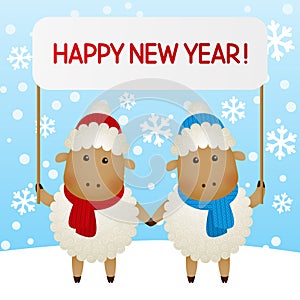 Funny sheep on winter background
