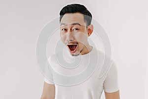 Funny shocked and surprised face of man isolated on white background.