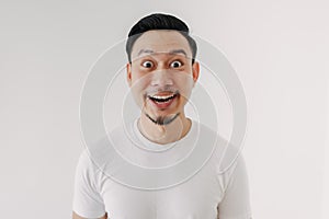 Funny shocked and surprised face of man isolated on white background.