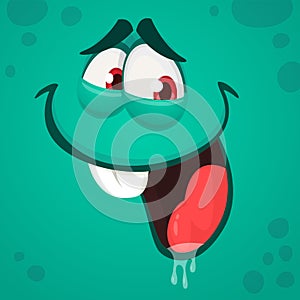 Funny shy cartoon monster face. Vector Halloween blue monster with wide mouth smiling