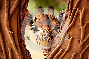 Funny shy giraffe hiding and peeking out from behind a tree