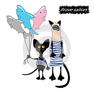 Funny siamese and black cats sailors in striped frocks and shark balls. Cartoon style