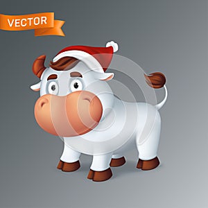 Funny silver Ox animal in red Santa`s hat. Symbol of the year in the Chinese zodiac calendar. 3d cartoon vector illustration of