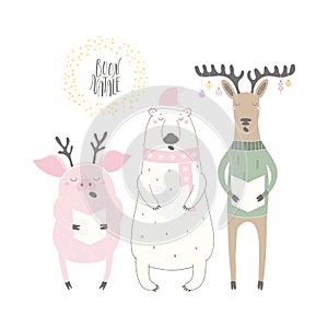 Funny singing polar bear, pig, reindeer Christmas card