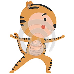 Funny single cute tiger in yoga asana warrior Virabhadrasana 2 on a white background. For printing on baby products, fabric, cloth