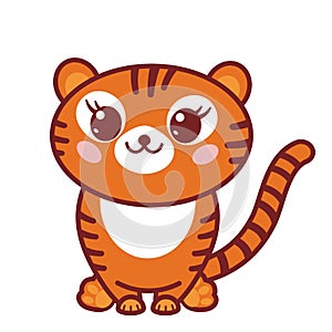 Funny sitting Tiger Cub, in cartoon style. Cute smiling tiger, isolated on white.  Tiger cub mascot with kawaii muzzle. Chinese