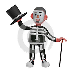 A funny Skeleton Boy 3D Cartoon Picture wearing a black magician costume
