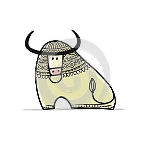 Funny sketch bull. Lunar horoscope sign. Happy new year 2021. Bull, ox, cow. Template for your design - poster, card