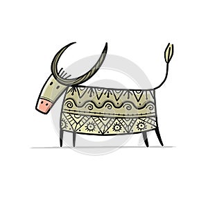 Funny sketch bull. Lunar horoscope sign. Happy new year 2021. Bull, ox, cow. Template for your design - poster, card