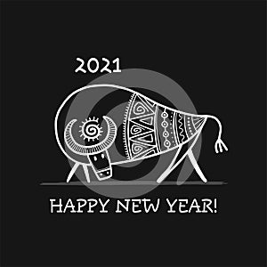 Funny sketch bull. Lunar horoscope sign. Happy new year 2021. Bull, ox, cow. Template for your design - poster, card