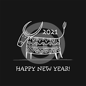 Funny sketch bull. Lunar horoscope sign. Happy new year 2021. Bull, ox, cow. Template for your design - poster, card