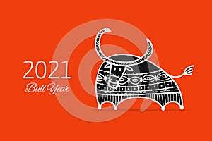 Funny sketch bull. Lunar horoscope sign. Happy new year 2021. Bull, ox, cow. Template for your design - poster, card