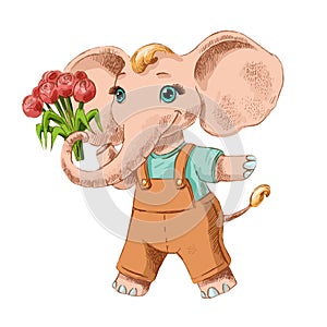 Funny sketch of little elephant with flowers.