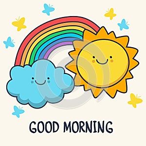 Funny sketching smiling sun, cloud and rainbow. Vector cartoon i