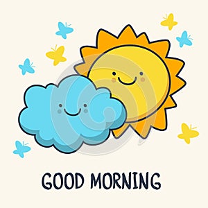 Funny sketching smiling sun and cloud. Vector cartoon illustration background