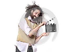 Funny, skinny geek holding a clappenboard  - isolated