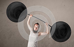 Funny skinny guy lifting weights