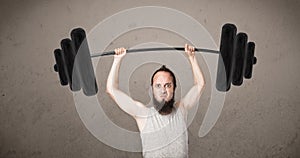 Funny skinny guy lifting weights