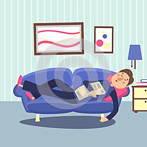 Funny sleeping man at home sofa with newspaper. Relaxing person vector illustration