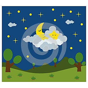 Funny sleeping moon and smiling stars