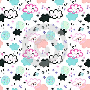 Funny sleeping moons, clouds, stars background. Nursery art seamless pattern