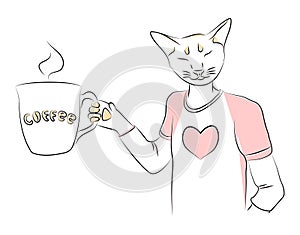 Funny sleepy cat in fashionable T-shirt holding big mug of coffee in his paws. Cute cat with his eyes closed and contented muzzle