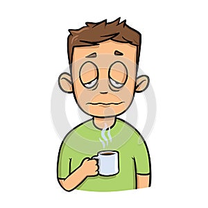 Funny sleepy guy with a cup of morning coffee. Cartoon design icon. Flat vector illustration. Isolated on white