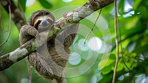 Funny sloth hanging on tree branch, cute face look, perfect portrait of wild animal. AI Generative