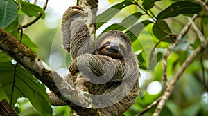 Funny sloth hanging on tree branch, cute face look, perfect portrait of wild animal. AI Generative