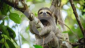 Funny sloth hanging on tree branch, cute face look, perfect portrait of wild animal. AI Generative