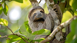 Funny sloth hanging on tree branch, cute face look, perfect portrait of wild animal. AI Generative