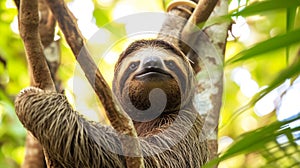 Funny sloth hanging on tree branch, cute face look, perfect portrait of wild animal. Generative Ai