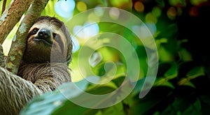 Funny sloth hanging on tree branch, cute face look, perfect portrait of wild animal. Generative Ai