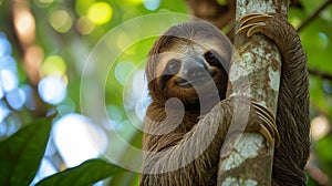 Funny sloth hanging on tree branch, cute face look, perfect portrait of wild animal. Generative Ai