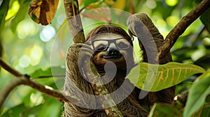 Funny sloth hanging on tree branch with glasses. Cute sloth hanging on tree branch. Generative Ai