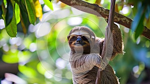 Funny sloth hanging on tree branch with glasses. Cute sloth hanging on tree branch. Generative Ai