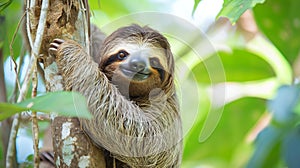 .Funny sloth hanging tree branch, perfect portrait of wild animal in the Rainforest Generative Ai