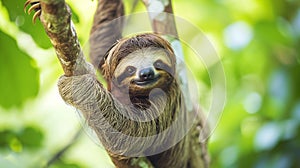 .Funny sloth hanging tree branch, perfect portrait of wild animal in the Rainforest Generative Ai