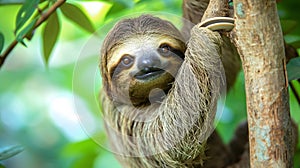 .Funny sloth hanging tree branch, perfect portrait of wild animal in the Rainforest Generative Ai