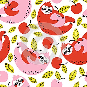 Funny sloth holding red cherry hand drawn seamless pattern. Summer background with a cute wild animal and berries. Bear