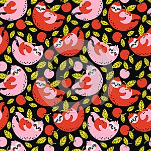 Funny sloth holding red cherry hand drawn seamless pattern. Summer background with a cute wild animal and berries. Bear characters