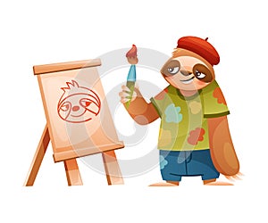 Funny Sloth Mammal as Artist Painting Picture with Drawing Easel and Brush Wearing Beret Vector Illustration