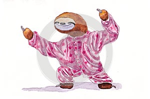 Funny sloth practicing qigong. Watercolor photo