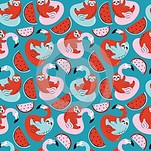 Funny sloth swims on an inflatable Flamingo float seamless pattern. Hand drawn swimming toy, sweet watermelon, cute animal on blue