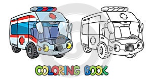 Funny small ambulance car with eyes. Coloring book