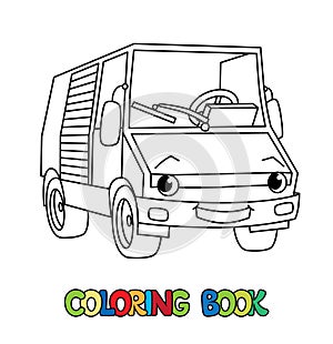 Funny small car with eyes. Coloring book