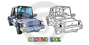 Funny small car with eyes. Coloring book