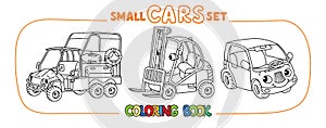 Funny small cars with eyes. Coloring book set photo